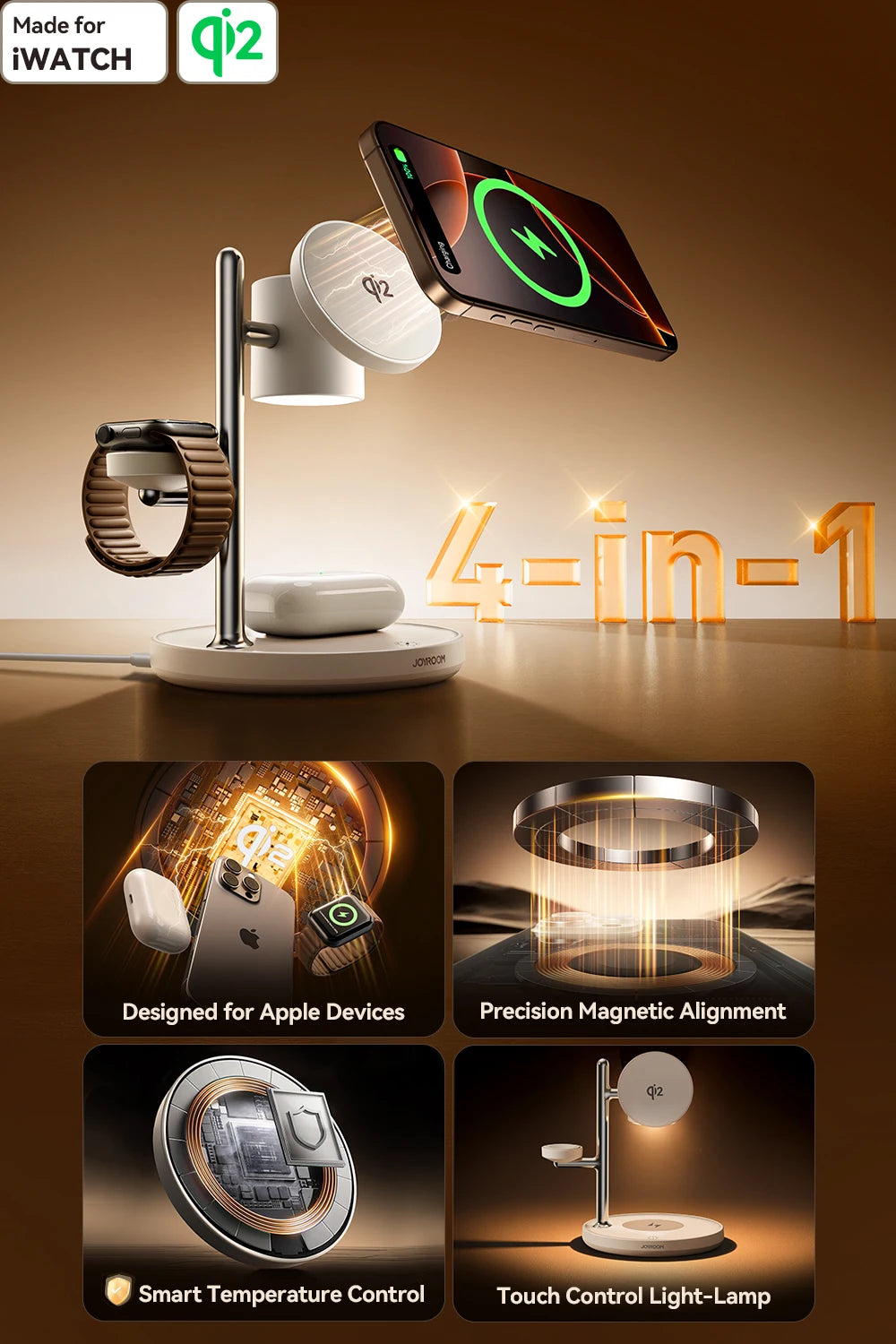 Joyroom 4-in-1 Qi2 Fast Wireless Charger - 15W Magnetic Charging Station for iPhone 12-16, iWatch & AirPods 4/3/2/Pro
