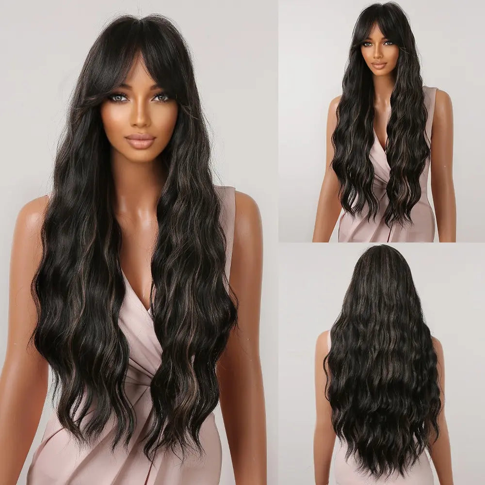 Brown Wavy Wig with Bangs for Women Heat-Resistant Synthetic Hair Cosplay