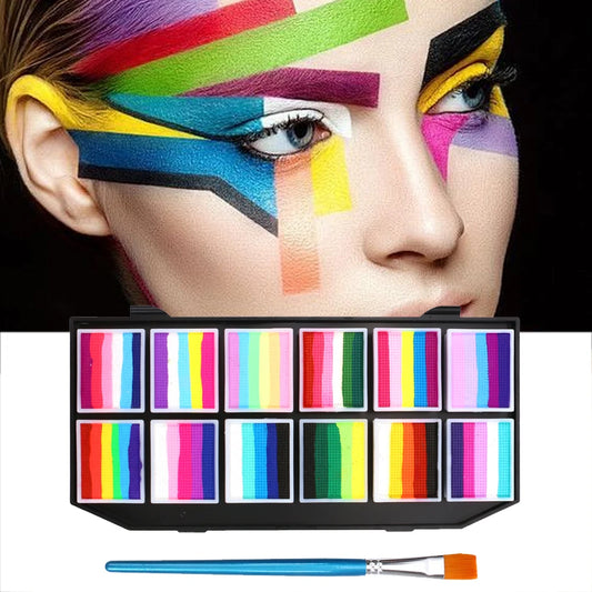 12-Color Water-Soluble Rainbow Face & Body Paint Palette - Halloween & Stage Makeup