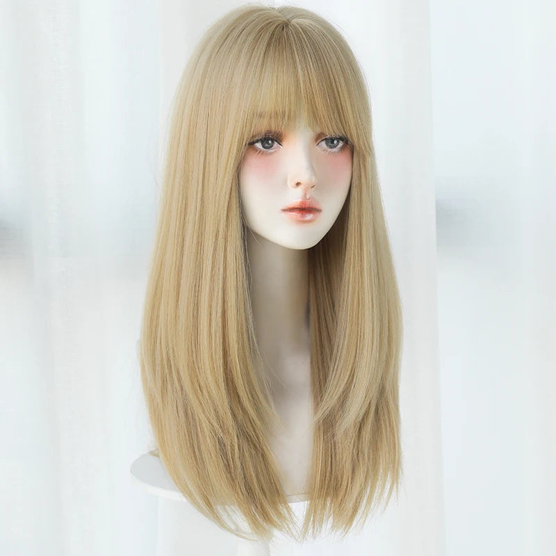 Straight Layered Blonde Wig with Neat Bangs - High Density Synthetic Hair for Women