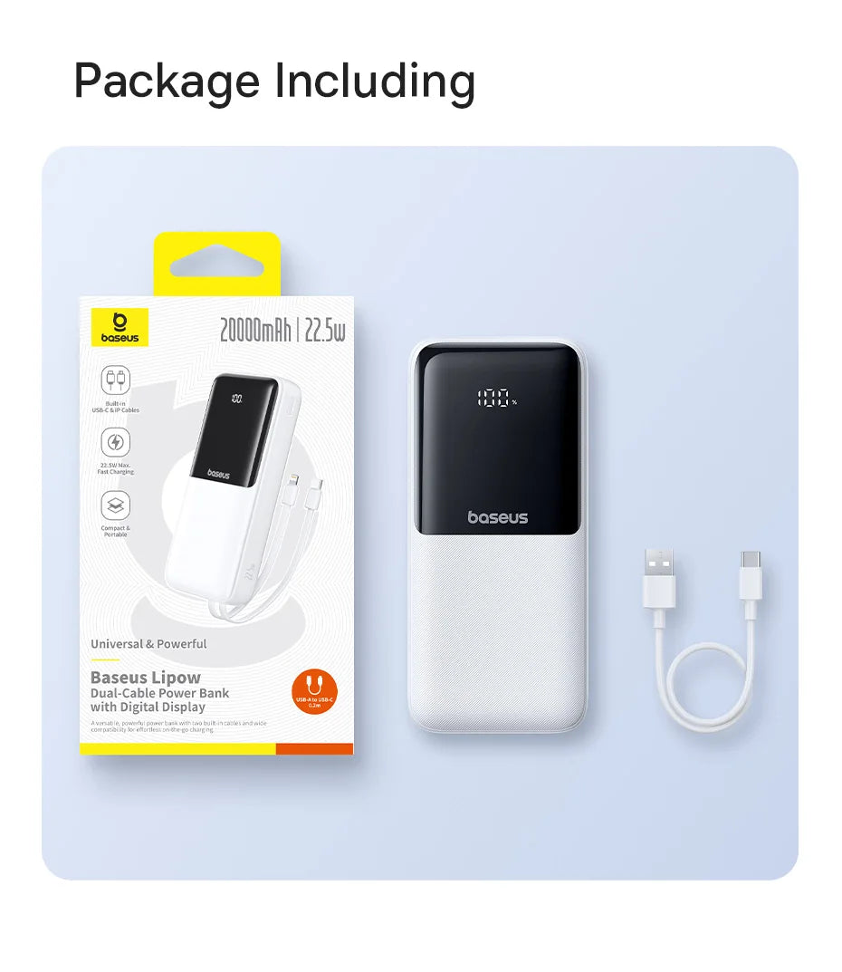 Baseus 20000mAh Power Bank, PD 22.5W Fast Charging, External Battery Charger for Xiaomi, Poco, iPhone, Samsung, iPad