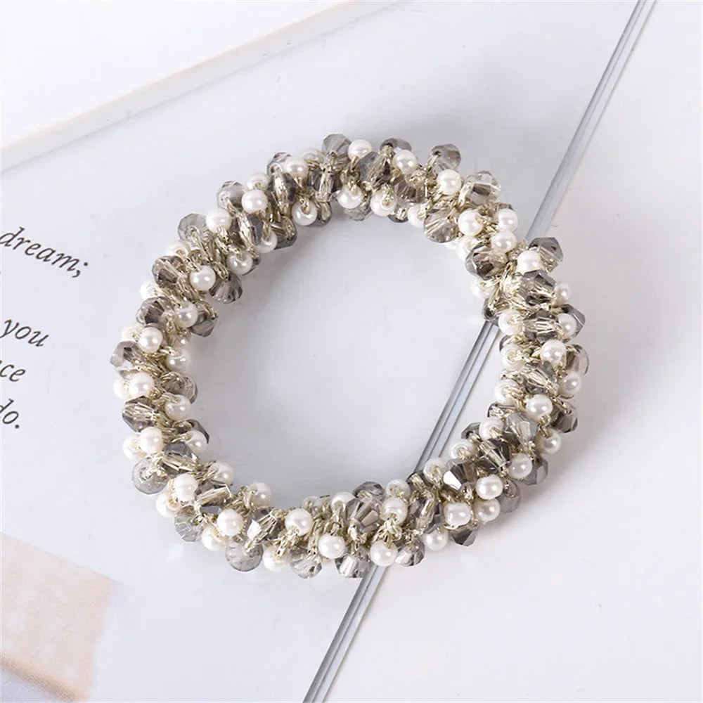 Crystal Pearls Hair Rope Handmade Elastic Beaded Ponytail Holder for Women & Girls Hair Accessories