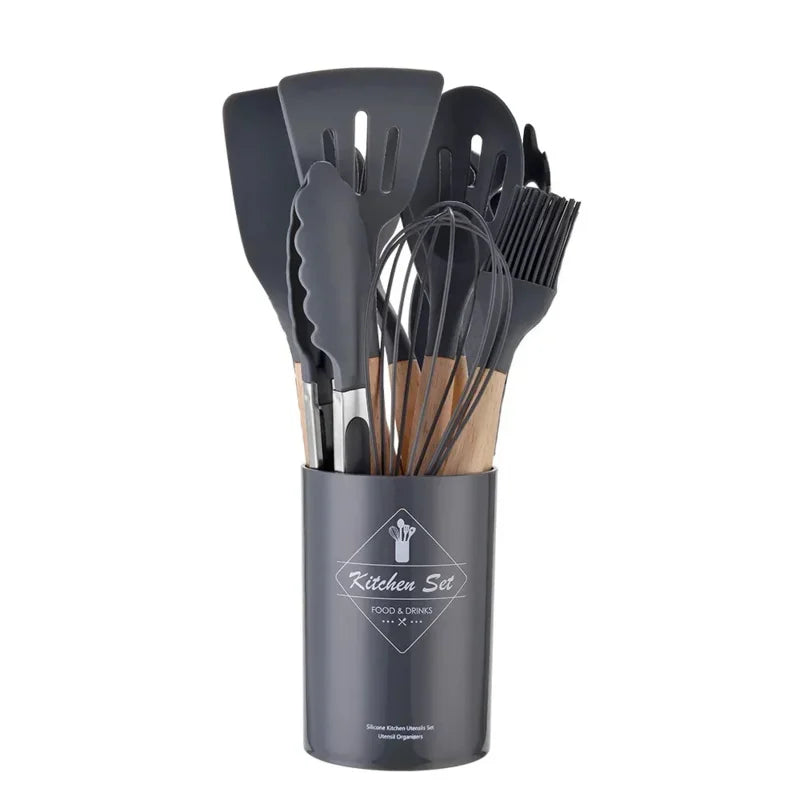 12Pcs Silicone Cooking Utensils Set with Wooden Handle, Non-Stick Kitchen Tools