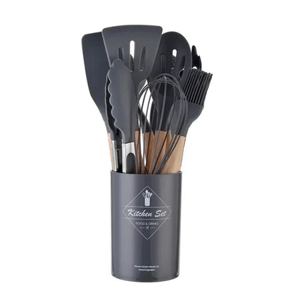 12Pcs Silicone Cooking Utensils Set with Wooden Handle, Non-Stick Kitchen Tools