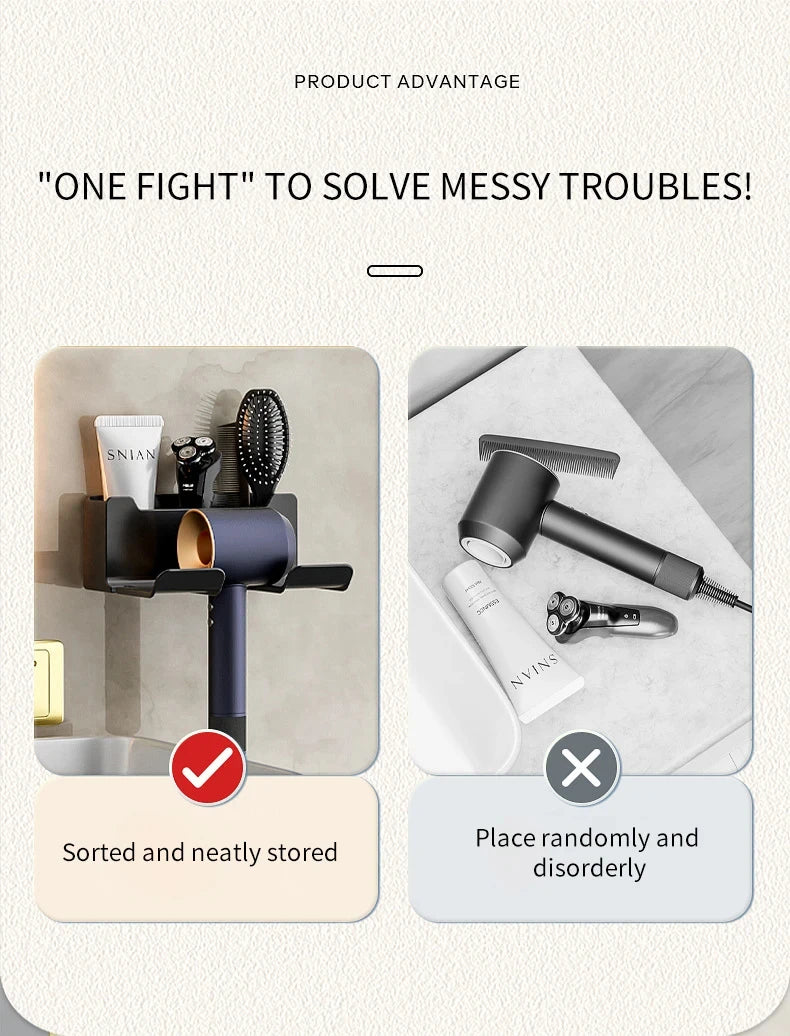 Wall-Mounted Hair Dryer Holder, Organizer Box & Straightener Stand for Bathroom Accessories