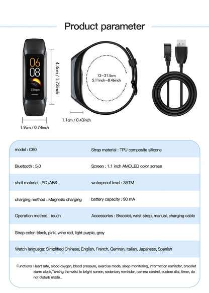 AMOLED Smartwatch with Body Temperature Monitor, Fitness Tracker, 3ATM Waterproof, for Men & Women, Compatible with IOS/Xiaomi