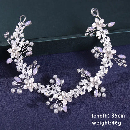 Bridal Hair Accessories - Crystal Pearl Rhinestone Tiara Headband with Leaf Design for Women