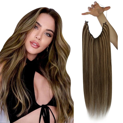 VeSunny Fish Line Human Hair Extension - Invisible Wire One-Piece Blonde Hair Weft with Clips