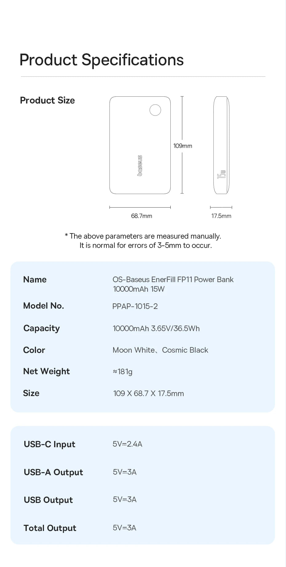 Baseus 22.5W Power Bank 10000mAh, QC PD Fast Charging Portable Charger for iPhone 16/15, Samsung, Xiaomi