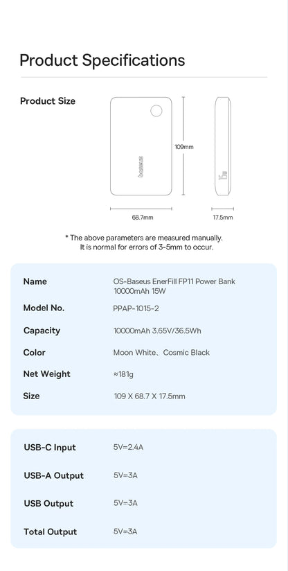 Baseus 22.5W Power Bank 10000mAh, QC PD Fast Charging Portable Charger for iPhone 16/15, Samsung, Xiaomi