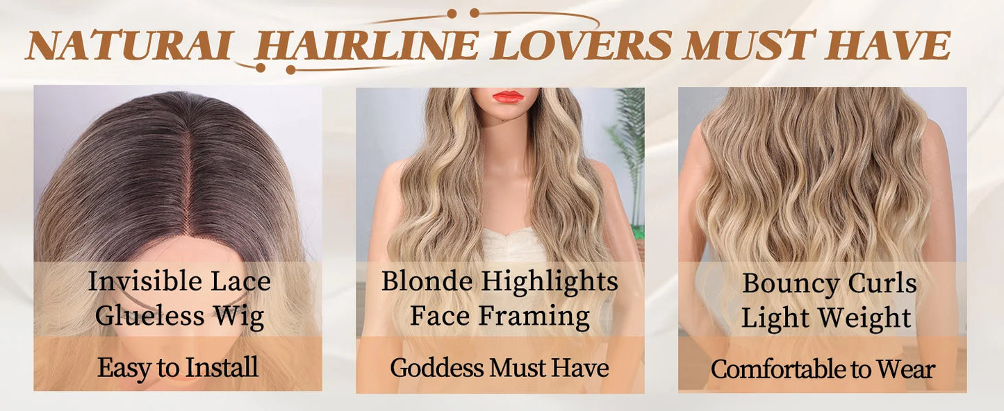 Synthetic Long Lace Ombre Blonde Wavy Wig 26 Inch for Women