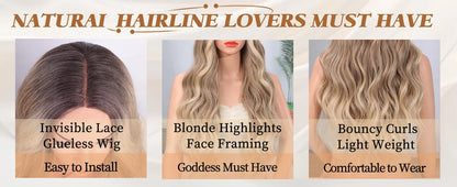 Synthetic Long Lace Ombre Blonde Wavy Wig 26 Inch for Women