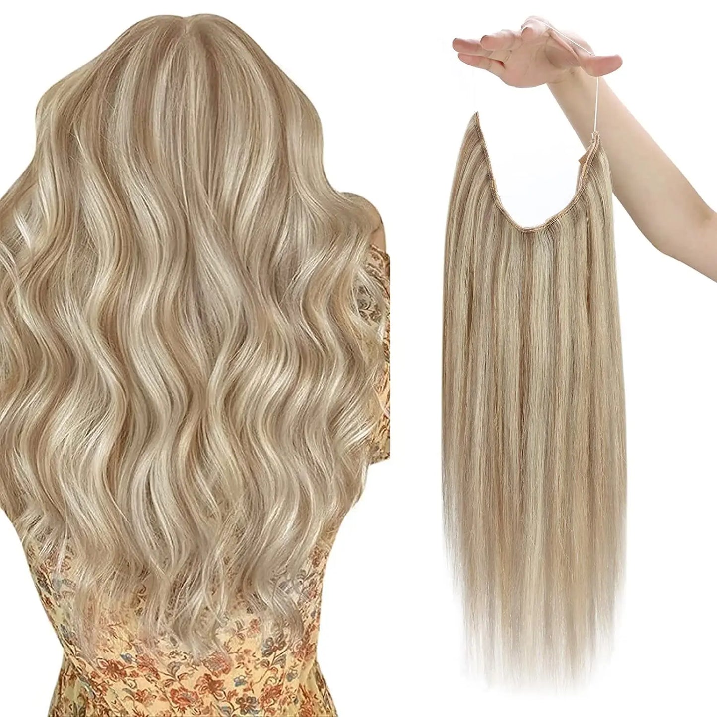VeSunny Fish Line Human Hair Extension - Invisible Wire One-Piece Blonde Hair Weft with Clips