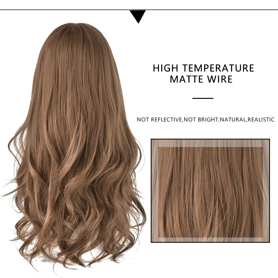 7JHH Popular Brown Ash Long Deep Wave Wig with Bangs for Women