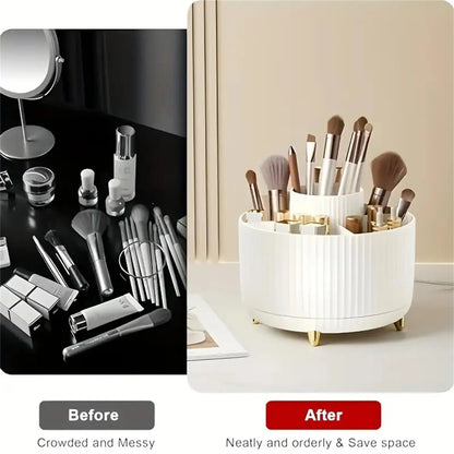 360° Rotating Makeup Organizer – Plastic Cosmetic Storage with 5 Compartments for Brushes
