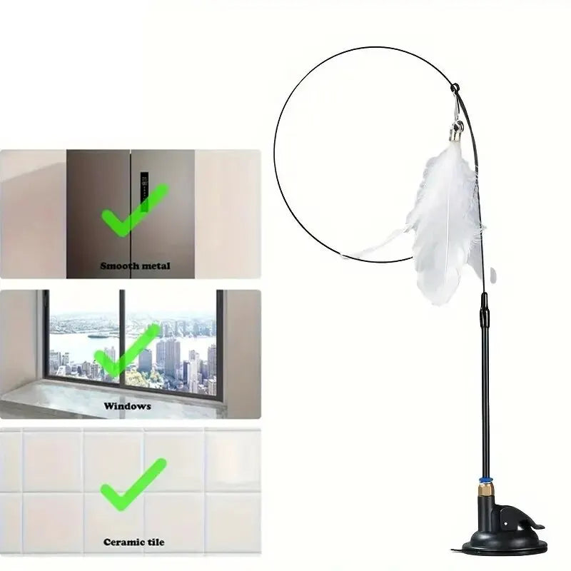 Cat Teaser Toy Interactive Bell & Feather Wand with Long Suction Cup Pole for Playtime Adventures