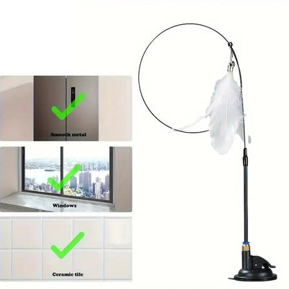 Cat Teaser Toy Interactive Bell & Feather Wand with Long Suction Cup Pole for Playtime Adventures