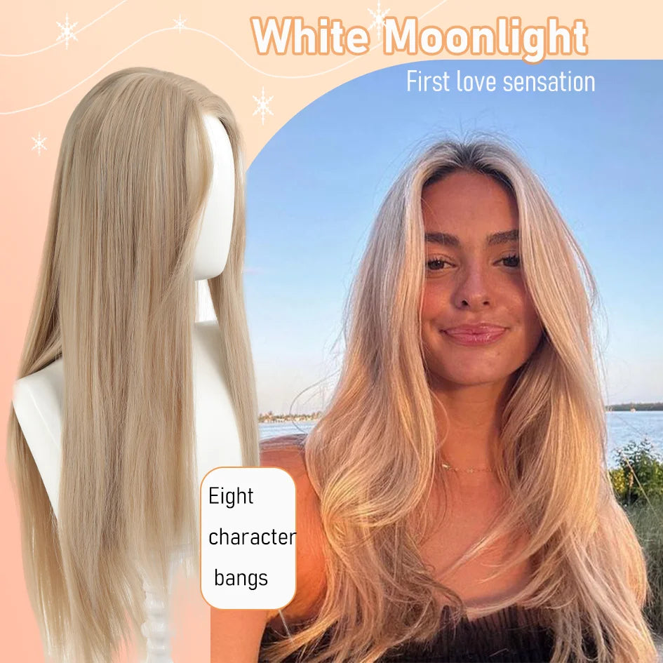 Synthetic Linen Long Straight Hair Wig with Bangs & Curly Ponytail Extensions