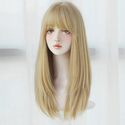 Straight Layered Blonde Wig with Neat Bangs - High Density Synthetic Hair for Women