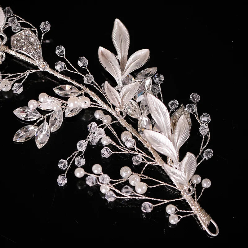 Bridal Hair Accessories - Crystal Pearl Rhinestone Tiara Headband with Leaf Design for Women