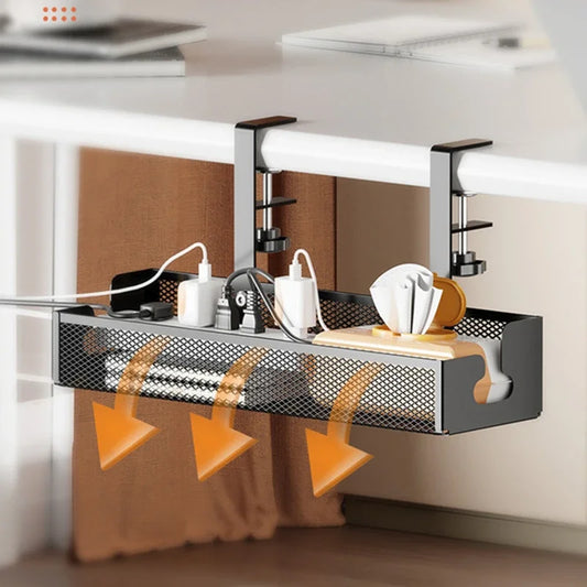 Under Desk Cable Management Tray - No Drill Steel Wire Organizer for Desk & Rack