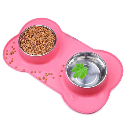 Antislip Double Dog Bowl with Silicone Mat – Durable Stainless Steel Water & Food Feeder for Pets