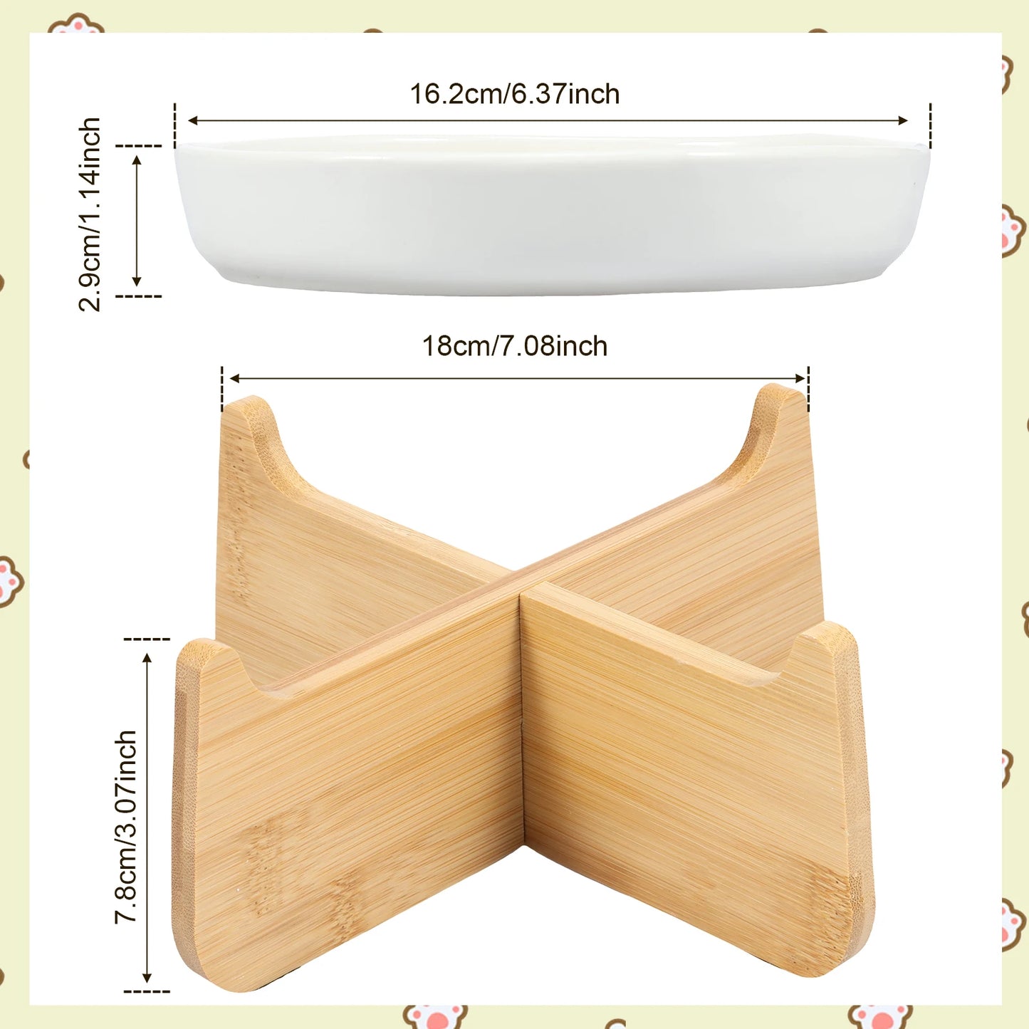 Raised Ceramic Cat Bowl with Wood Stand - Anti-Vomiting Slow Feeder