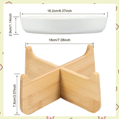 Raised Ceramic Cat Bowl with Wood Stand - Anti-Vomiting Slow Feeder