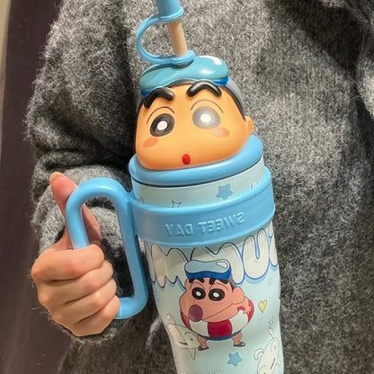 800ML Crayon Shin-Chan Stainless Steel Thermos Cup – Large Capacity with Handle & Straw for Kids