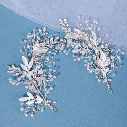 Bridal Hair Accessories - Crystal Pearl Rhinestone Tiara Headband with Leaf Design for Women