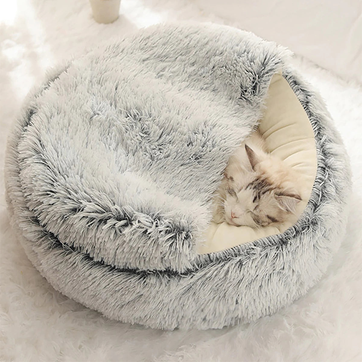 Plush Hooded Pet Bed – 2-in-1 Fluffy Sleeping Nest for Cats & Small Dogs