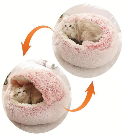 Plush Hooded Pet Bed – 2-in-1 Fluffy Sleeping Nest for Cats & Small Dogs