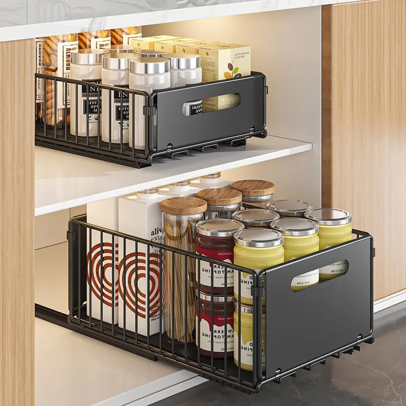 Non-Perforated Folding Cabinet with Pull-out Basket for Kitchen Sink & Snack Storage