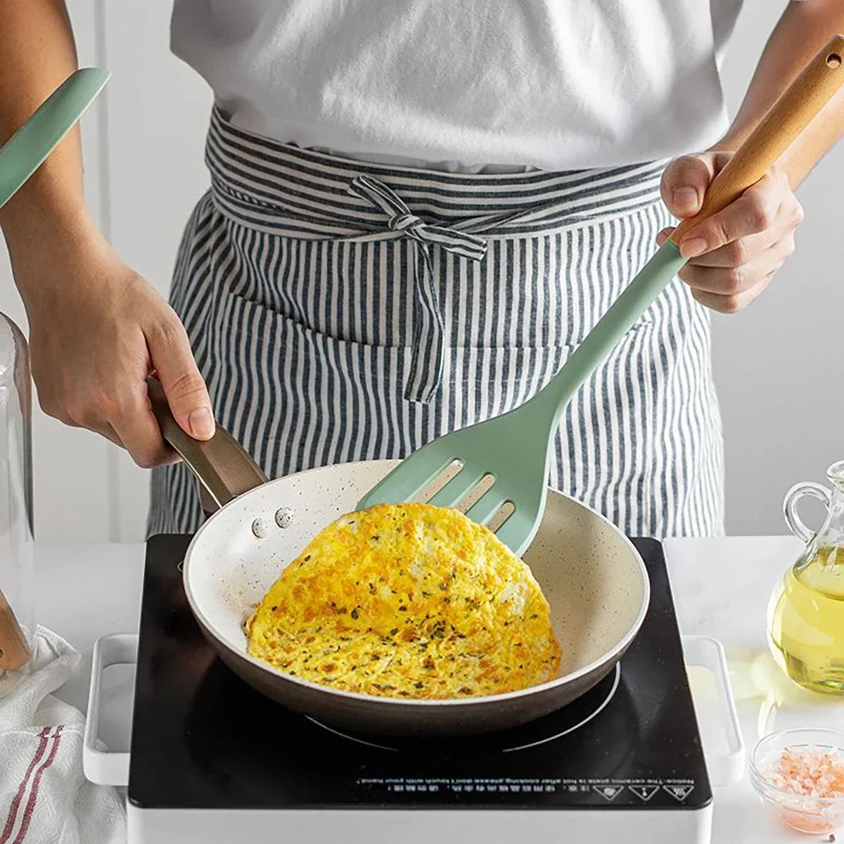 Silicone Spatula with Wooden Handle, Heat-Resistant Non-Stick Cooking Spoon for Kitchen