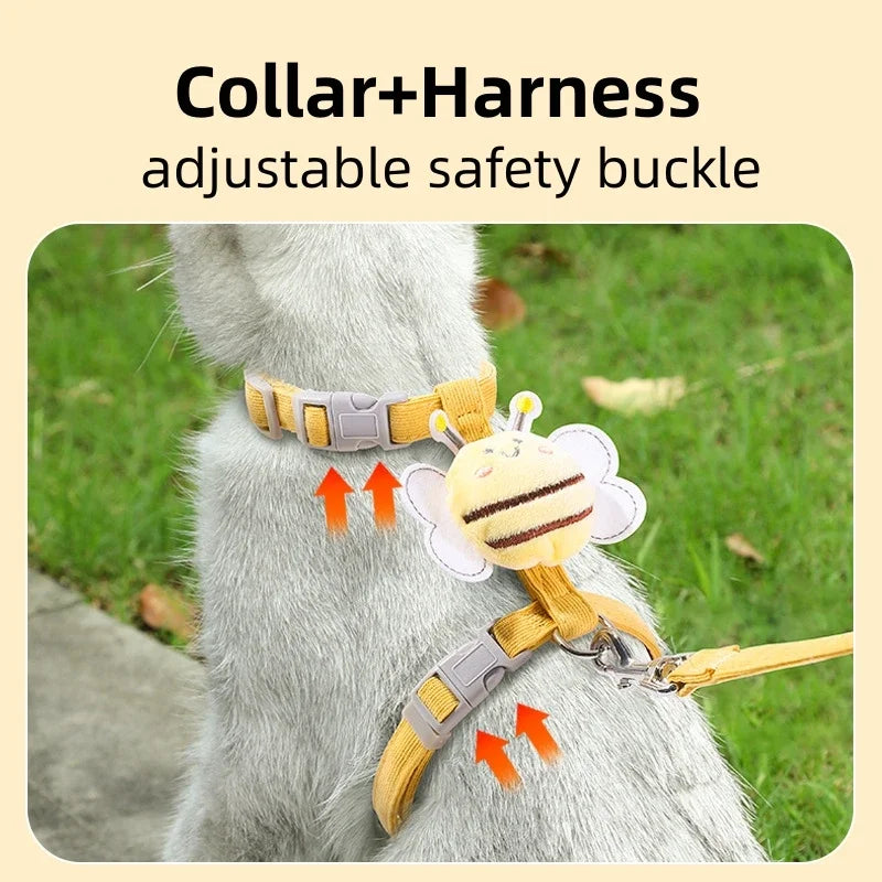 Adjustable Cat Harness, Leash & Collar Set with Cartoon Bee Design for Small & Medium Pets
