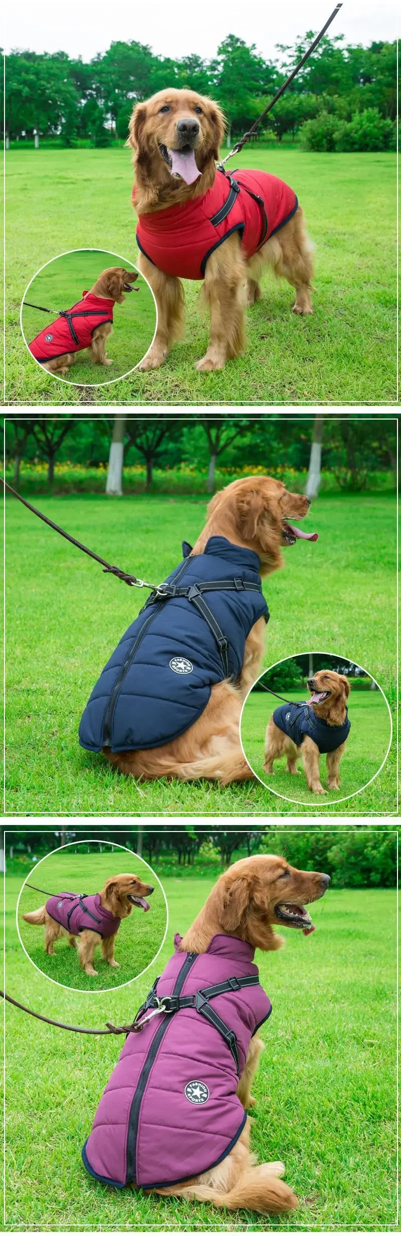 Large Pet Dog Jacket with Harness – Winter Warm Waterproof Coat for Big Dogs & Small Breeds