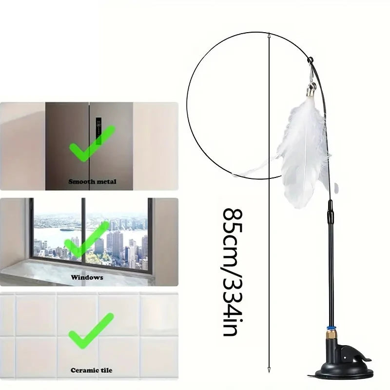 Cat Teaser Toy Interactive Bell & Feather Wand with Long Suction Cup Pole for Playtime Adventures