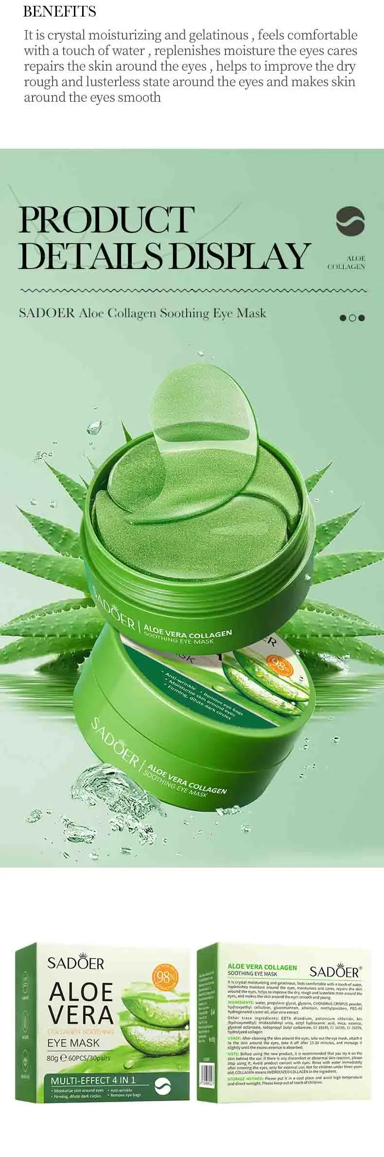 60PCS Aloe Vera Collagen Eye Masks - Anti-Dark Circles & Firming Eye Patches