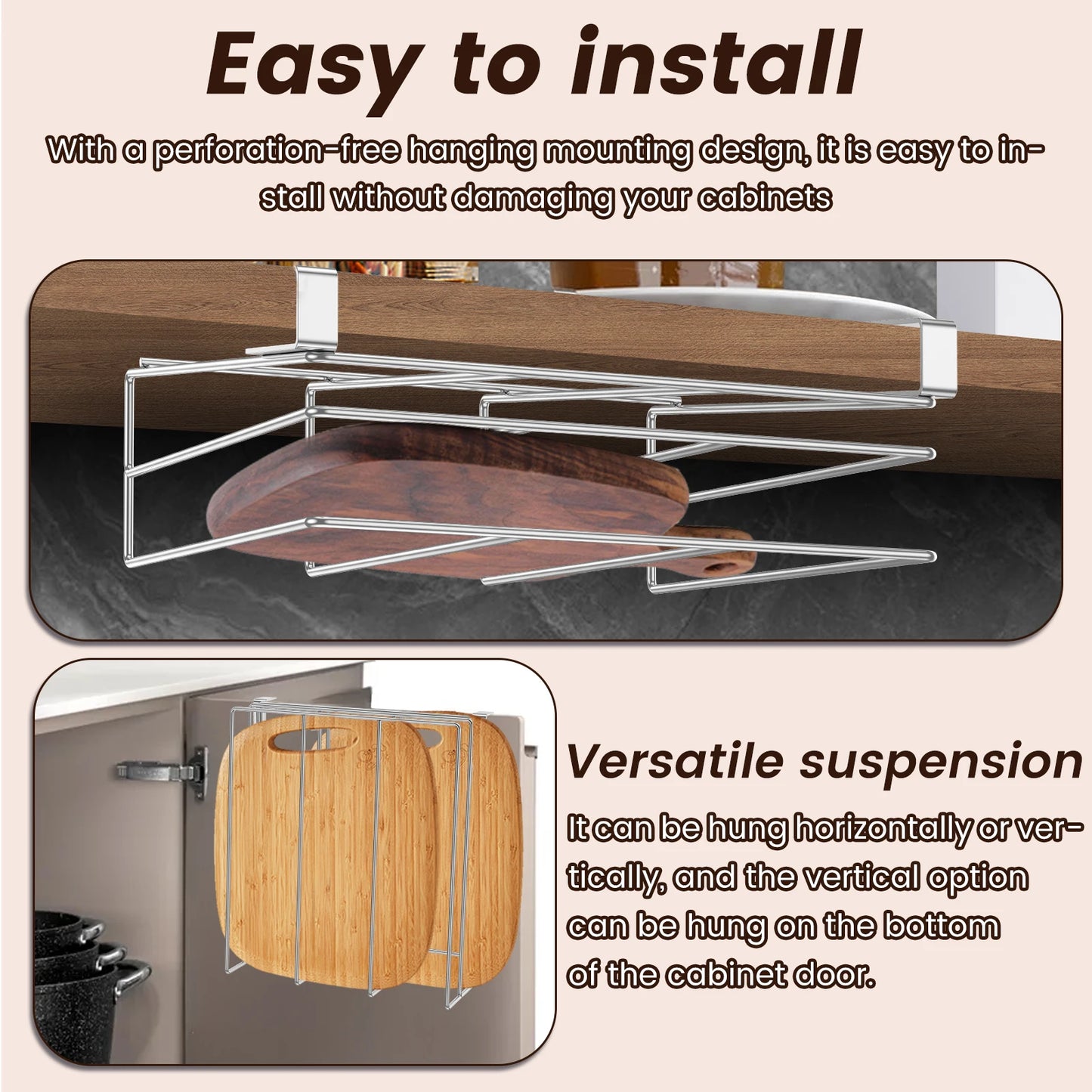 Under Cabinet Cutting Board and Pot Lid Organizer Stainless Steel Storage Rack