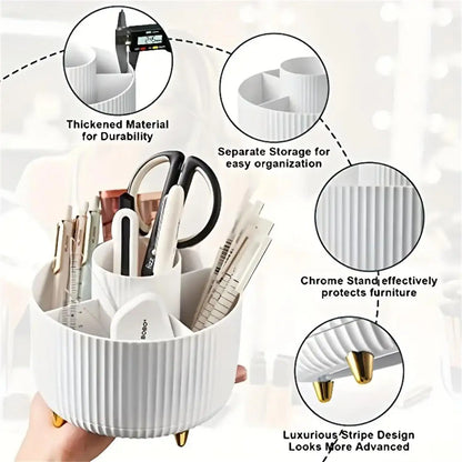 360° Rotating Makeup Organizer – Plastic Cosmetic Storage with 5 Compartments for Brushes