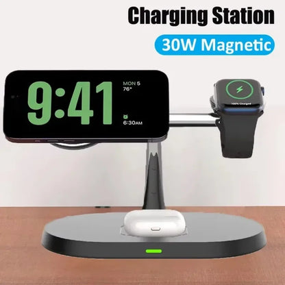3-in-1 30W Magnetic Wireless Charger Stand - Fast Charging Station for MagSafe iPhone 12-16, AirPods Pro, and Apple Watch 8/7