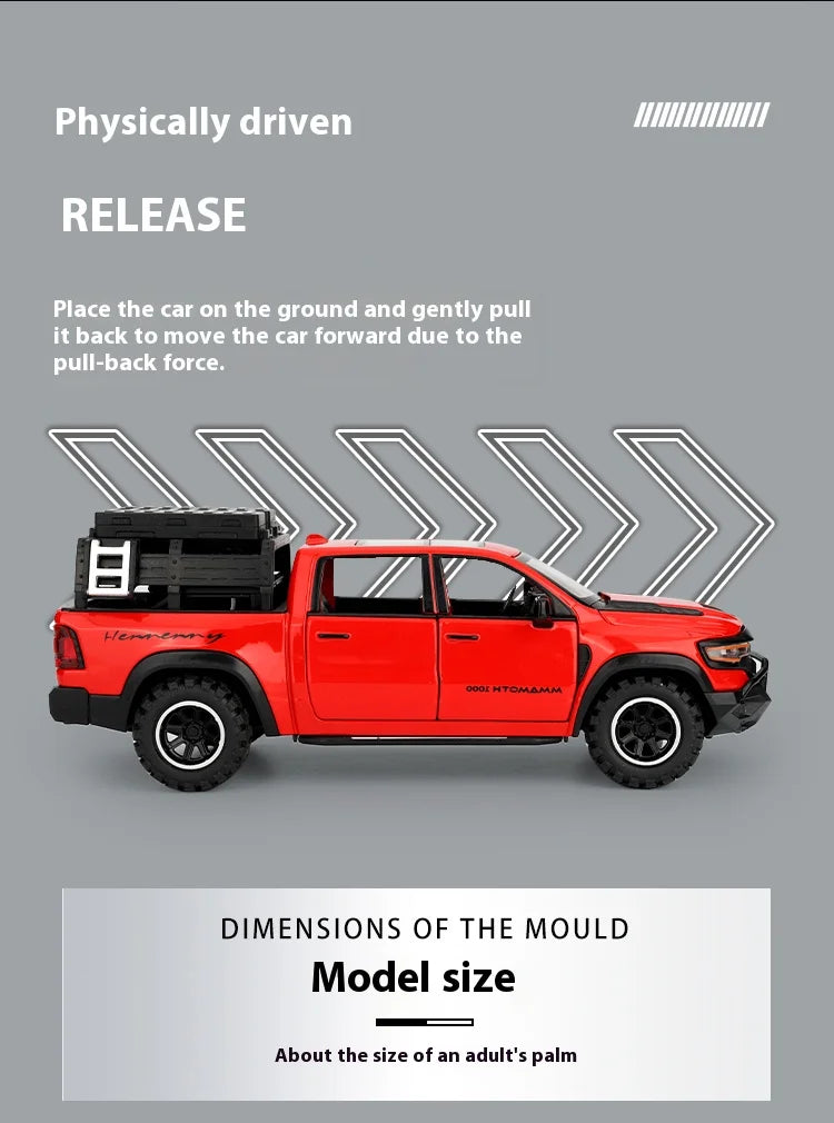 1/32 RAM 1000 TRX Mammoth Pickup Alloy Car Model with Sound and Light Pull Back Toy for Kids Collectibles Birthday Gift