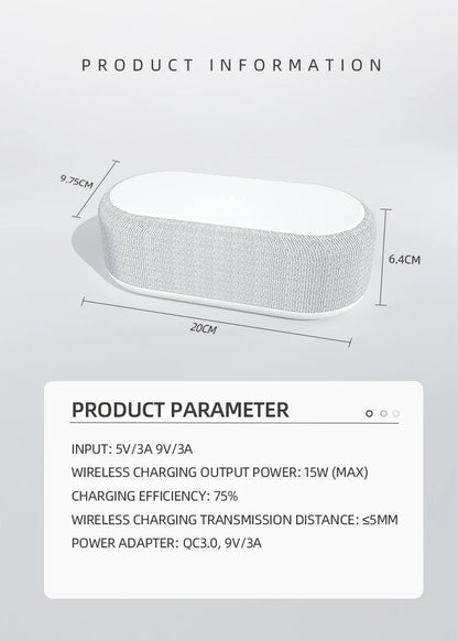 Wireless Charger Alarm Clock - 15W Fast Charging Dock with LED Light, Thermometer & Earphone Stand for iPhone & Samsung