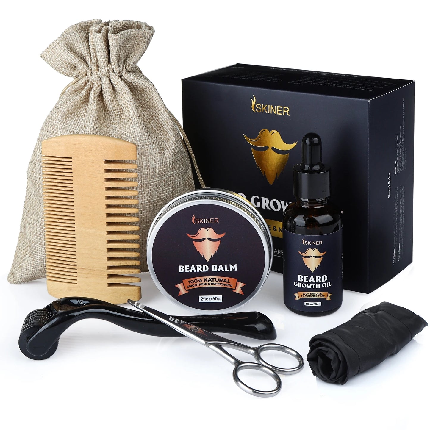 Beard Growth Kit for Men - Essential Oil, Moisturizing Wax, Growth Roller, Comb, and Styling Scissors for Beard Care