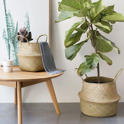 Storage Baskets - Straw Wicker Rattan Hanging Flowerpot, Seagrass Folding Laundry & Garden Plant Basket, Home Decor