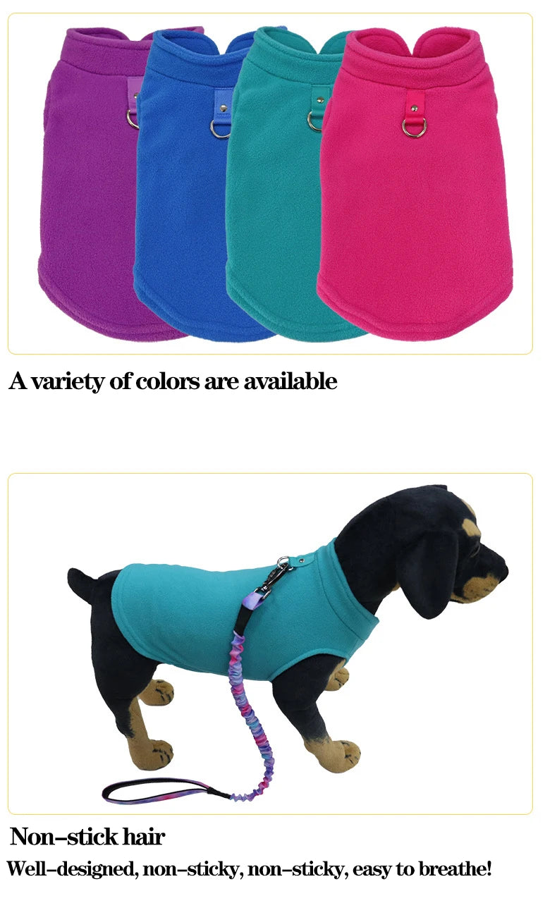 Warm Fleece Dog Jacket with D-Ring – Vest for Small Dogs & Cats, French Bulldog & Chihuahua Coat