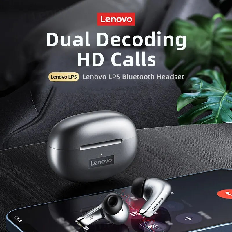 Lenovo LP5 Wireless Bluetooth Earbuds - HiFi Music, Sports Waterproof Headset with Mic for Business & Everyday Use
