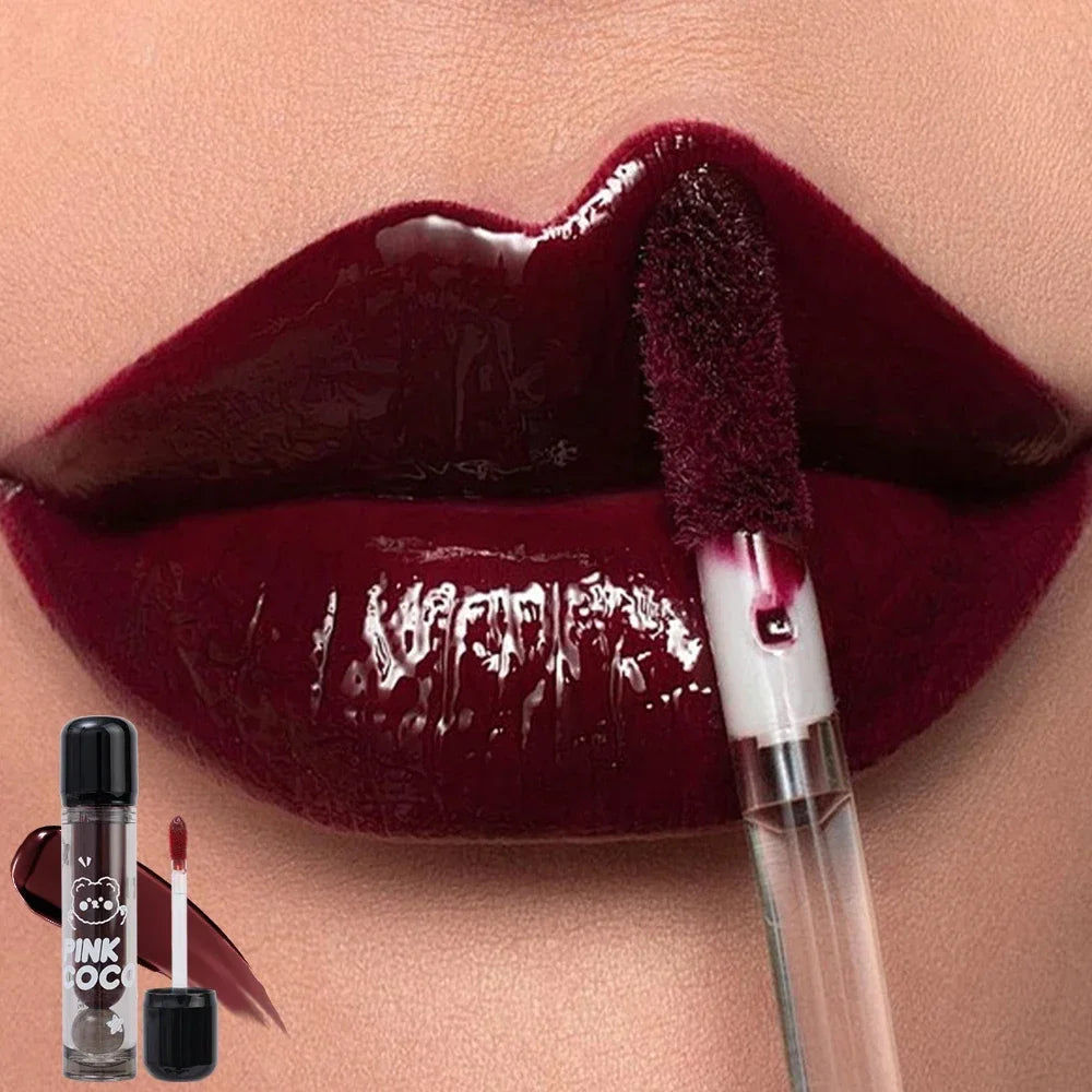 Dark Black Mirror Water Lip Gloss - Moisturizing, Long-Lasting Non-Stick Cup Lipstick in Tea Brown & Red