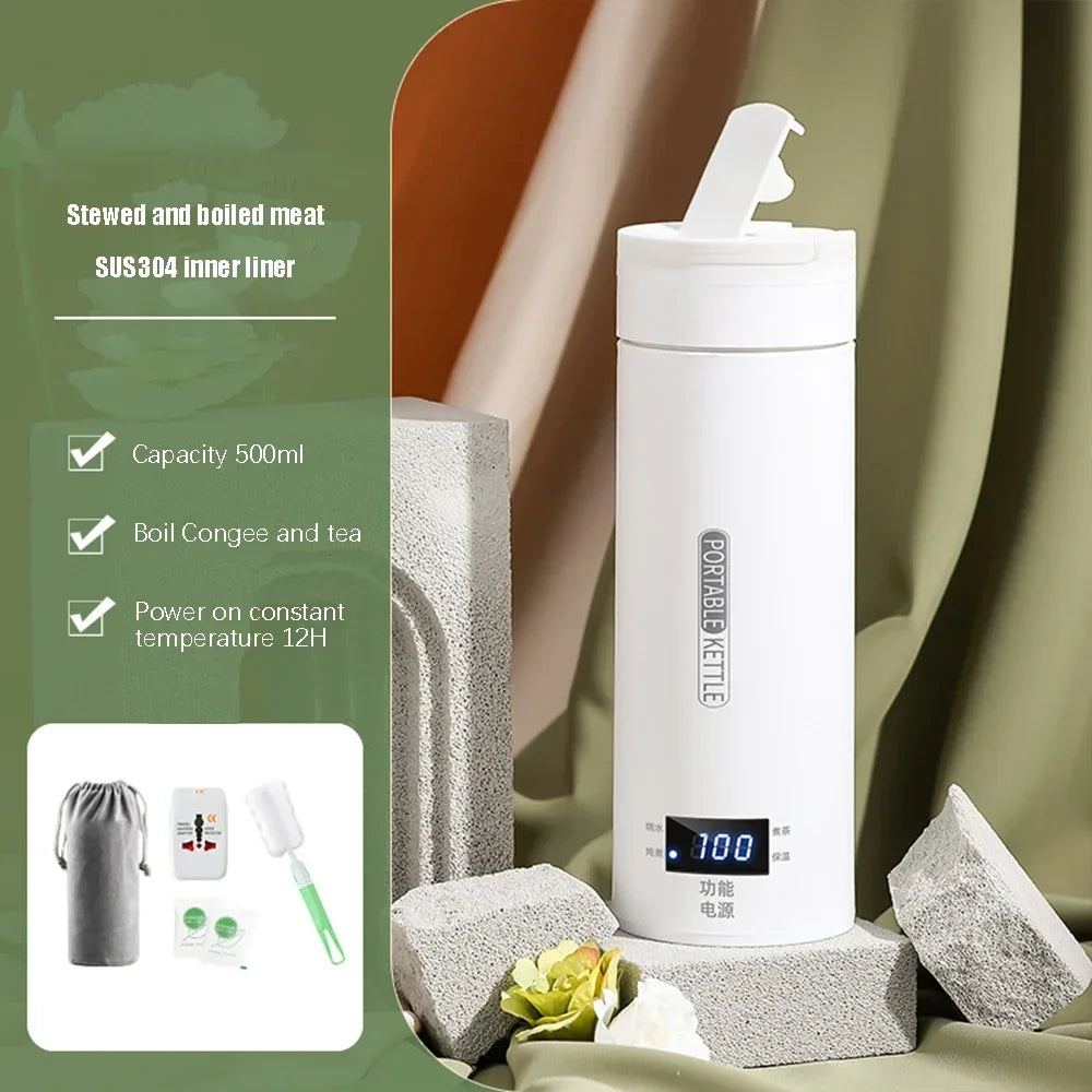 Portable Electric Kettle - Mini Travel Tea & Coffee Boil Water, Keep Warm, Anti-Scald Thermo Bottle