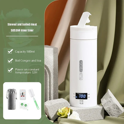 Portable Electric Kettle - Mini Travel Tea & Coffee Boil Water, Keep Warm, Anti-Scald Thermo Bottle